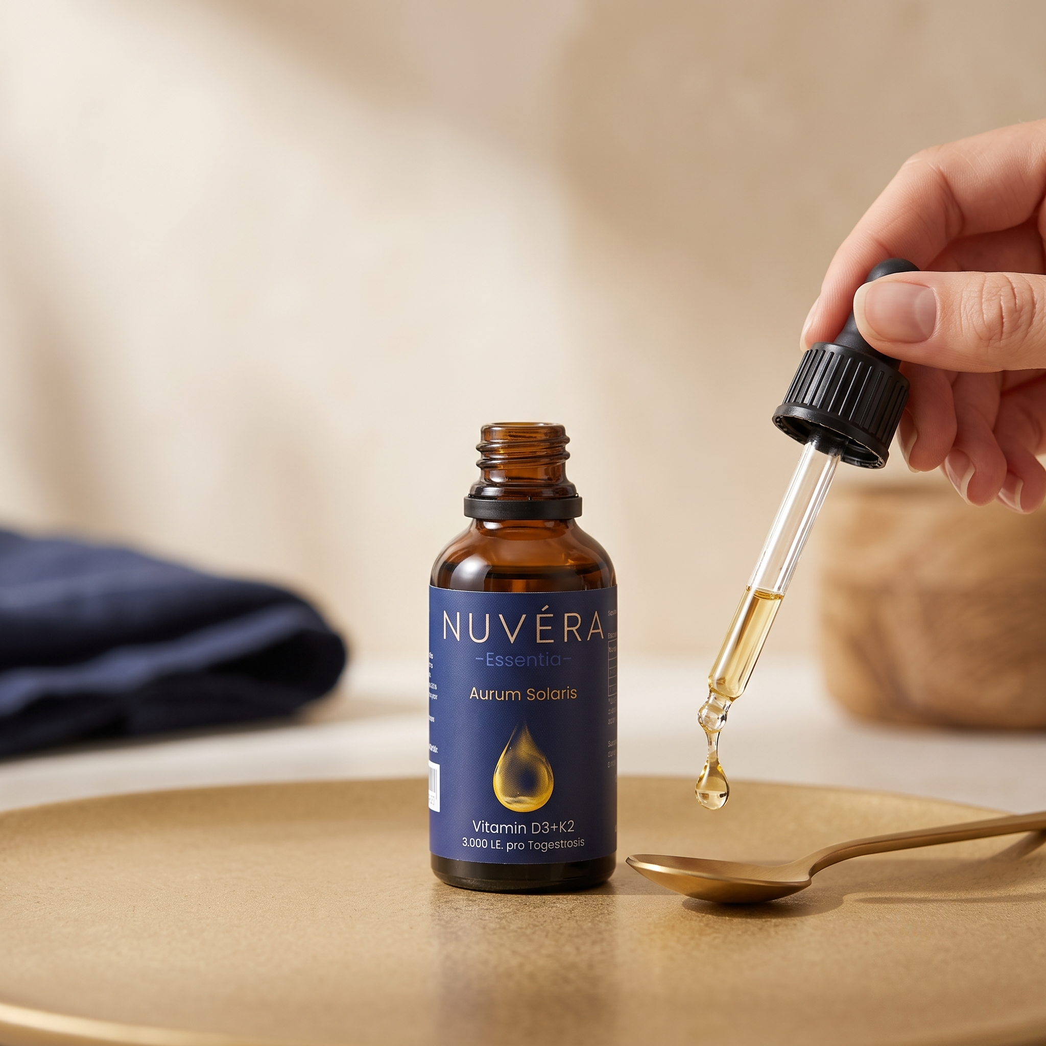 Aurum Solaris Vitamin D3 K2 – Anwendung, drei Tropfen täglich